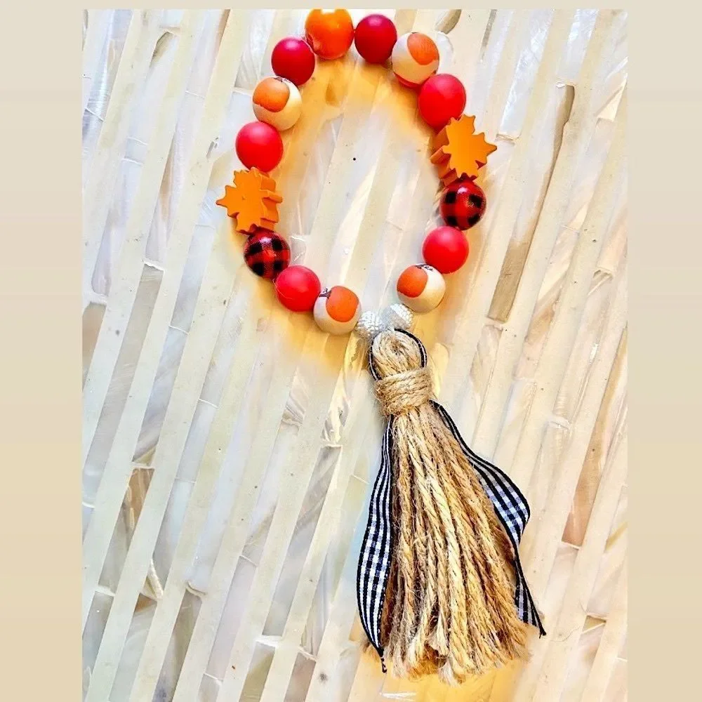 NEW Wood Bead Garland with Plaid Tassels